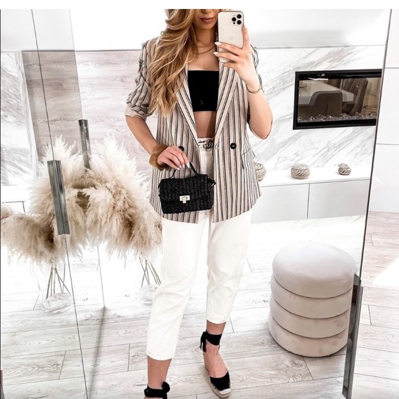 ZARA • NWT Oversized Striped Beige Blazer - Picture 8 of 11